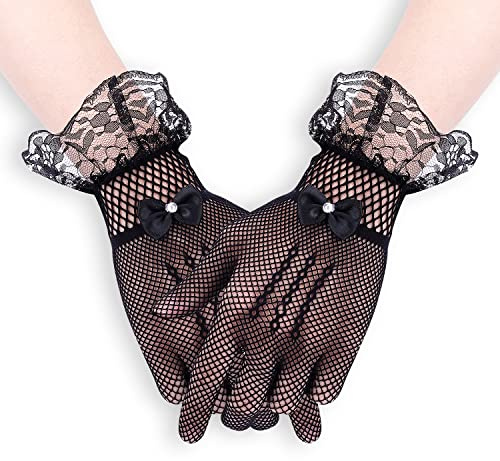 KINBOM Gants Courts Élégants en Dentelle Femmes avec Strass Noeud Papillon Gant de Poignet pour Soirée Mariage Thé Fête Bal Cosplay (Noir)