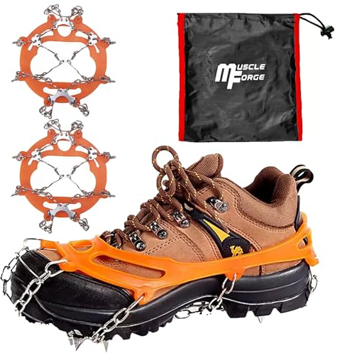 MuscleForge Crampons pour la Randonnée et l’Alpinisme – 8 Pointes en Acier Inoxydable, Antidérapants Neige & Glace, Chaînes de Traction pour Chaussures, Matériau TPE Résistant au Froid,