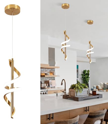 Vloitgol Spiral Led Pendant Light Fixtures, 5500K Gold Modern Led Pendant Light Kitchen Island, Adjustable Height Kitchen Island Lights Fixtures for Dining Room Bedroom Sink