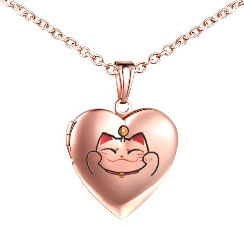INFINIONLY Damen Mädchen Herz Medaillons Halskette Mode Edelstahl Ketten mit Niedlicher Glückskatzen Anhänger Personalisierte Foto Kette Souvenir Anhänger, Rosegold