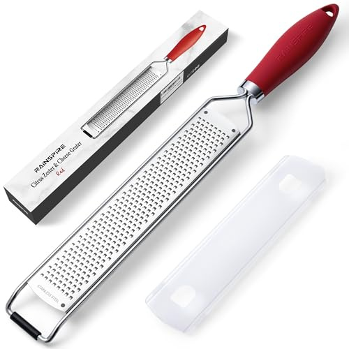 Rainspire Zester Grater with Handle, Lemon Zester Cheese Grater for Kitchen Stainless Steel, Parmesan Cheese Garlic Nutmeg Chocolate Fruits Vegetables Ginger Grater, Fine, Black (Red)