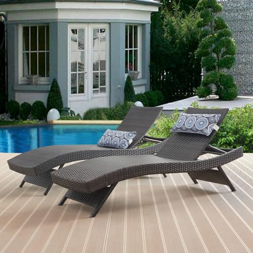 Summax 79'' Long Reclining Chair Set of 2 with Cushions, Chaise Lounge Wicker Reclining Lounge Chair, PE Rattan Chaise Lawn Sunbathing Chairs Beach Poolside Garden Backyard Backrest Recliners, Brown