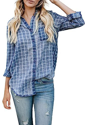 Camicia Donna Slim Fit Manica Lunga Elegante Tinta Unita vestibilità Quadri Camicia con Bottoni Leggero Colletto Alto Top Larga Lavoro Classica Camicetta Casual Manica Lunga Ufficio Blusa