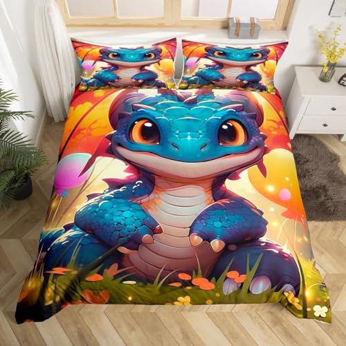 Homewish Parure de lit avec housse de couette sur le thème du dragon mignon, animal kawaii pour décoration de chambre d'enfant, motif animé, ballons colorés, fleurs de jardin printanier, lit 1 place