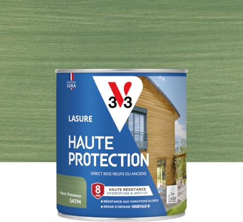 V33 Lasure Bois extérieur Vert provence satin - Haute Protection 8 ans - Haute résistance hydrofuge et anti-UV - Résiste aux variations du bois - Ecolabel, résine d'origine végétale - 0,75L
