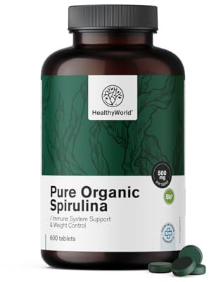 HealthyWorld® BIO Spirulina 500 mg - 600 Compresse - 100% Ingredienti Naturali - 4000 mg per Dose Giornaliera - Non OGM - Per oltre 2 Mesi - Controllo del Peso Corporeo