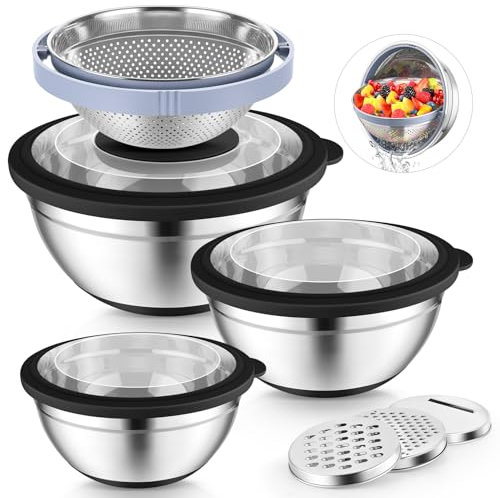P&P CHEF Mixing Bowls with Lids Set of 3, Stainless Steel Mixing Bowl and Colander for Kitchen, 3 Grater Attachments & Non-Slip Bottoms, Visible & Airtight Lid, Black