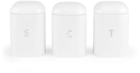 Salter Boston Set di 3 contenitori - Lattine per tè, caffè e zucchero, finitura bianco ghiaccio brillante con scritte in rilievo, acciaio resistente, freschezza duratura, alimenti da cucina