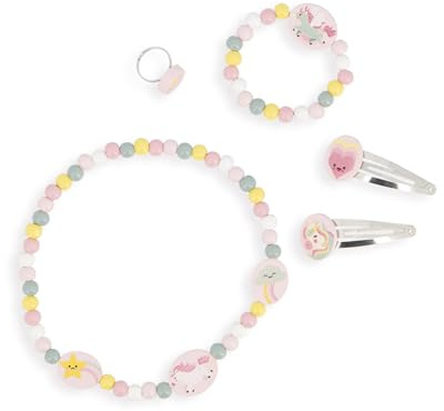 Janod - Set de 5 Bijoux en Bois Licornes - 1 Collier, 1 Bracelet, 1 Bague et 2 barettes - Bijoux en Bois et Métal FSC - Accessoire de Mode - Dès 3 Ans - J08880