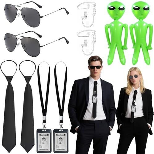 10Pcs Agent Costume Accessories Set, Secret Agent Dress Up Kit with ID Holders Black Ties Sunglasses Earpieces Inflatable Green Aliens for Women Men Halloween Cosplay Carnival Fancy Dress Party Props
