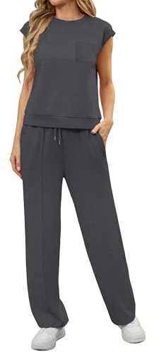 GRECERELLE Set due pezzi da donna, estate, manica corta, tuta completa, set lounge wear da donna, casual, girocollo, maniche ad aletta e pantaloni da jogging con tasche, Grigio scuro, L