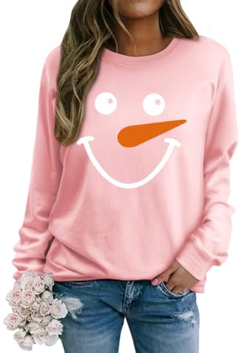 WIEIYM Sudadera de Navidad para mujer, camiseta fea de manga larga, muñeco de nieve, unisex, suéter casual con cuello redondo, rosa, L