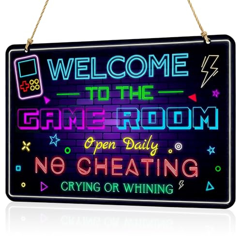 Wooden Gaming Room Accessories, Neon Signs for Wall with Retro Design, Gaming Bedroom Decor Wall Plaques with Hanging Rope, Boys Room Wall Decor & Atmosphere Lighting Accents
