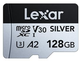 Lexar Silver Micro SD Card 128 GB, Microsdxc TF Card fino a 205 MB/s in lettura, 100 MB/s in scrittura, scheda di memoria micro SD+ adattatore, A2, U3, Classe 10, V30, Full HD e 4K UHD Video