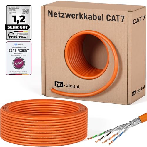 hb-digital 25m CAT 7 Netzwerkkabel LAN Kabel Verlegekabel Ethernet Installationskabel 10 Gbit/s AWG23 S/FTP - GHMT Zertifiziert - reines Kupfer LSZH BauPVO Klasse Cca Datenkabel Simplex - Orange