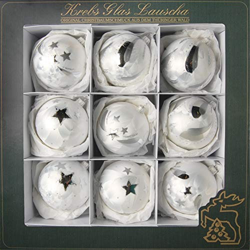 Krebs Glas Lauscha - Christbaumschmuck aus Glas - Glaskugelsortiment in Weiß-Eislack - Größe ca. 8 cm - 9 Stück