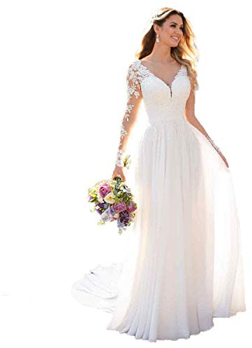 Robe de mariée, à manches longues, en dentelle et mousseline de soie, col en V, style boho