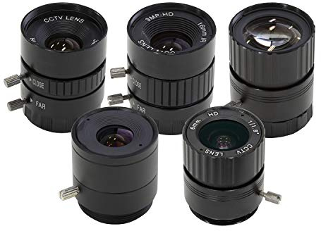 Arducam CS-Mount Kit de Lente para cámara Raspberry Pi HQ (Tipo 1/2.3), 6 mm a 25 mm, Longitud Focal: 65 a 14 Grados, teleobjetivo, Gran Angular, Paquete de 5