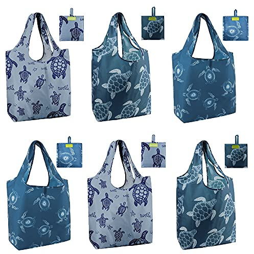 BeeGreen Sea Turtle Reusable Grocery Bags Large Tote Bag With Handles, Bulk Gift Foldable Shopping Bags for Women 6 Pack, Cute Cloth Bag, Heavy Duty, Washable For Beach, Holiday, Travel And Groceries​