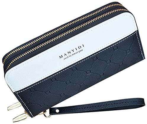 MINGHOO Portafoglio Donna Doppia Cerniera Portamonete Borsa Lunga Clutch Ecopelle Borsellino Grande Con Tasca per Cellulare e Slot per Schede Multiple (Nero3)