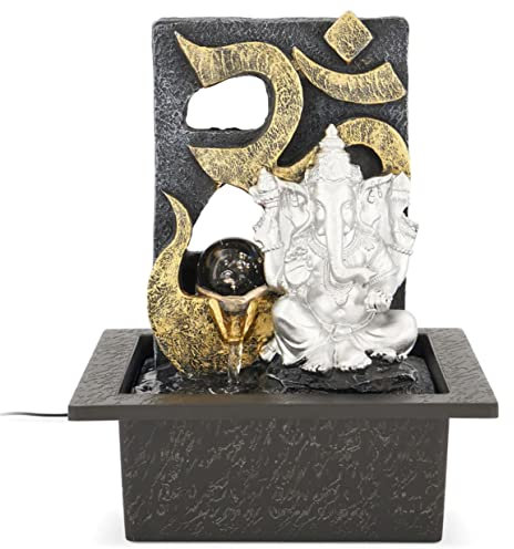 Bravich Ganesha Indoor Table Top Water Feature: Small Water Fountain With Statues, LED Light & Running Water. Cascading Waterfall Ornament For Desk, Home Office, Living Room, Bedroom & More.