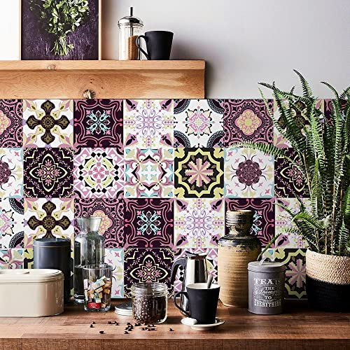 20pcs Purple Moroccan Tile Stickers, Pink Kitchen Bathroom Wall Tile Stickers Peel and Stick on Tile Transfers Covers Decals Self Adhesive Vinyl Waterproof Vintage Mosaic Art (15cm x 15cm, 6x6 inches)