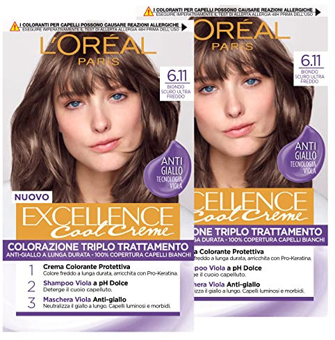 2 x L'Oréal Paris Excellence Cool Creme Permanente Haarfärbung Dreifache Behandlung Technologie Anti-Gelb Schutzwirkung Aufhellende Farbe 6.11 Dunkelblond Ultra Kühles - 2 Packungen