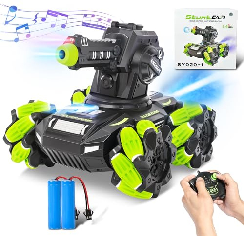 HUAQIN Coche teledirigido, tanque RC, 4WD RC Panzer 2,4 GHz con luz LED, rociar música, rotación de 360°, juguetes regalo RC coche teledirigido para niños 8+ (verde)