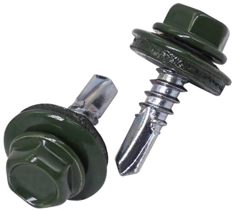 SKIR'CO (50 st) Takskruvar, sexkantshuvud, 4,8 x 19 mm målade självborrande skruvar med EPDM-brickor (Kromgrön RAL 6020)