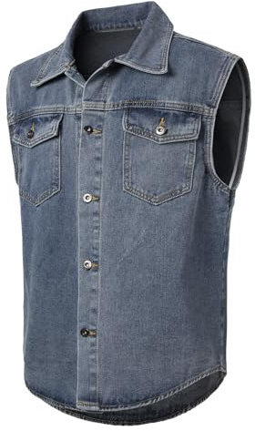 KTWOLEN Herrjeansväst vintage lös passform rocker ärmlös jeansväst för män utomhus biker väst jeans använd look motorcykelväst med knappslå, blå, XL