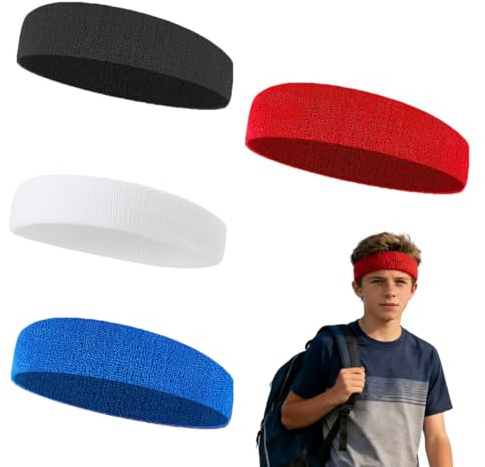 Sports Sweatbands for Kids 4-Pack - Sweat Absorbing Headbands for Boys & Girls, Soft Elastic Non-Slip Bands for Basketball, Soccer, Running, Tennis & Workout