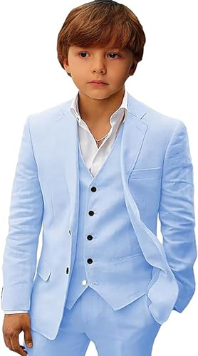 Leader of the Beauty pojkars linnedräkter 3-delat kostymer smal passform bröllopskostym två knappar smoking kostymer set, Himmelsblått, 12 År