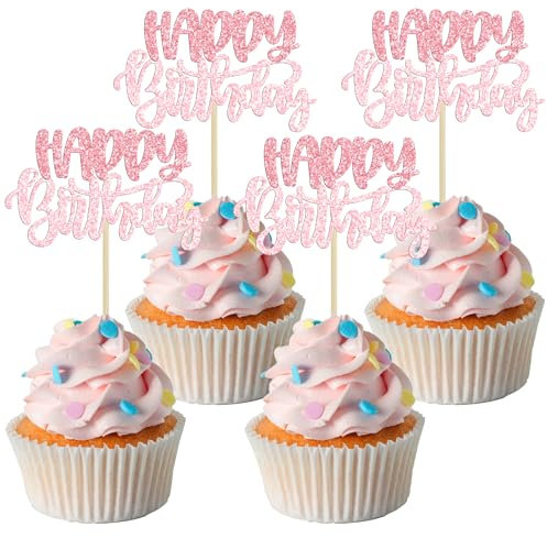 Gyufise 24pcs Happy Birthday Cupcake Toppers - Double Layer Glitter Cupcake Picks for Baby Shower, Kids, Girls & Boys Birthday, Anniversary Parties - Pink