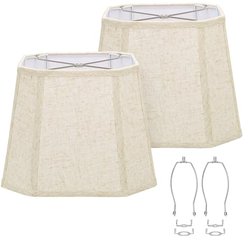 Rectangle Lamp Shades Set of 2, 10.5 x 10x 13 Medium Cut Corner Beige Lampshades Natural Linen Hand Crafted, Include 2 Pack Lamp Harps, Suitable for E26 Base and Saddle Base, Easy Assembly Required