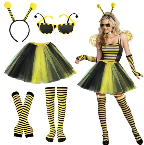Disfraz de abeja para mujer, adulto, disfraz de abeja, tutú, falda para disfraz de mariquita de carnaval, guantes para calcetines, diadema, tentáculo, gafas para cosplay, carnaval, Halloween, Navidad
