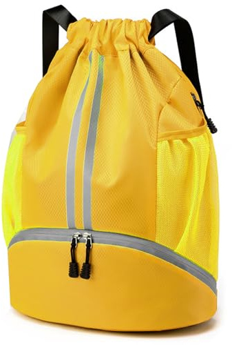 Veki Drawstring Gym Bag Waterproof, Sports Backpack with Shoe Compartment, Large Sport Gym Bag with Dry Wet Separation, Drawstring Backpack with Mesh Pockets for Sports, Swimming, Travel (Yellow)