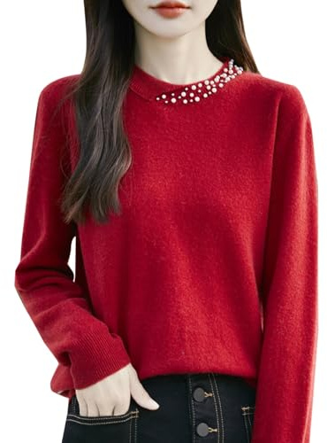 PODOLIXIA Maglione da donna con scollo rotondo, maglione in cashmere, elegante e leggero, a maniche lunghe, slim fit, maglia fine, Colore: rosso, XXL