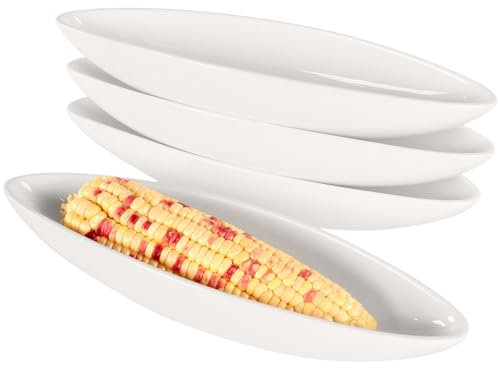 jinsongdafa Ceramic Select Corn Cob Holders 28 CM Corn Cob Dishes, Set of 4 White Serving Plate, for Nuts, Olives, Snacks, Cheese, Non-Slip Bottom - Microwave Dishwasher Oven Safe