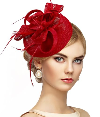 Zinniday Red Tea Party Hat - 2026 Kentucky Hat 1920s 50s Elegant Feather Victoria Derby Fascinator with Hair Clip for Lady Women Girls Cocktail Church Halloween Renaissance Masquerade Dress Up