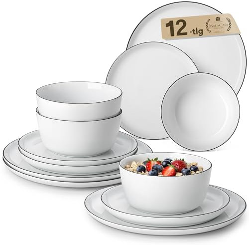 MALACASA 12 Pieces Gourmet Porcelain Dinnerware Sets, Premium Plates and Bowls Set, High-Fired Dishes Set for 4, Chip & Scratch Resistant, Microwave Dishwasher Safe, White & Black Rim, Series LEXI