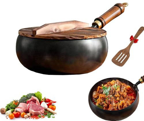 Uncoated Iron Pan,Hand Forged Iron Big Belly Pot,Frying Pan,Versatile Cooking Vessel for Simmering and High-Heat Frying,Induction Gas Stove Compatible (Wooden Lid, 28CM)