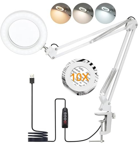 10X LED Lupenleuchte mit Klemme & Standfuß,Vergrößerungslampe mit 72 LEDs,3 Farbmodi,10 Helligkeitsstufen,Dimmbar,Flexibler Schwenkarm für Lesen,Nähen, Schmuck,Reparatur,Weiß