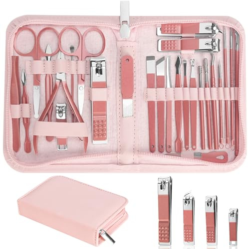 26Pcs Manicure Nail Clipper Set for Women Gift, Metallic Pink Accessories | Family & Travel Essential, Professional Tools, Pedicure Kit, Mens Grooming, Fully Functional, Heavy Duty Steel