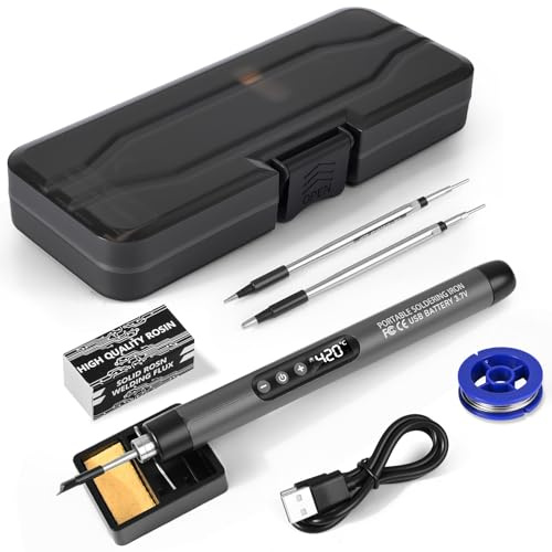 Diealles Shine Set Di Saldatore A Batteria Ricaricabile USB con LCD, Temperatura Regolabile 260℃-420℃, 3 Punte, Filo e Pasta per Saldatura, Saldatore A Stagno Professionale
