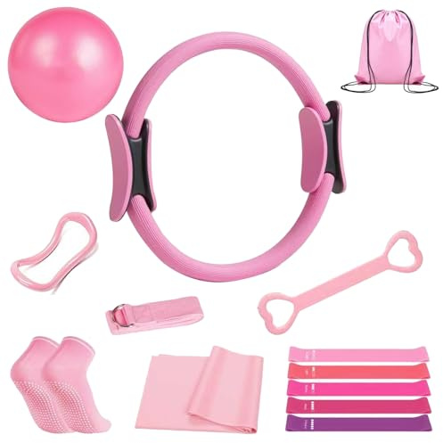 KINDLUME Kit Pilates, Aro Pilates, Set Ejercicio 13 Piezas con Superficie Texturizada Antideslizante, Incluye Balón Fitness y 5 Bandas Resistencia, para Entrenamiento Casa, Ejercicios Estudio