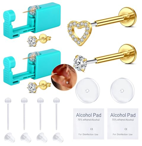 VFUN Ear Piercing Kit Silver Gold Ear Gun Kit Disposable Self Piercing Earrings At Home Earring Gun Kits With Threadless Earring Studs