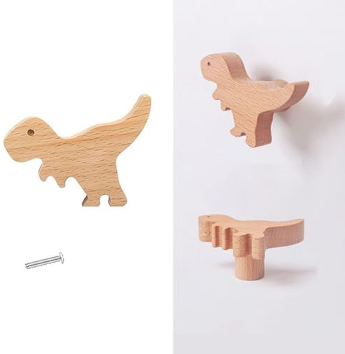 Boutons de tiroir d’animaux en bois | Ensemble de 6 poignées de tiroir pour sur le thème des dinosaures | Poignées décoratives en bois pour commodes, armoires, meubles de chambre d'enfant, déc