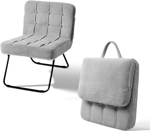 TUKAILAi Foldable Corduroy Accent Chair, Hand Carry, Tub Chair, 55cm Wide | Sturdy metal legs, ergonomic backrest, high-density foam, flame-retardant, grey, for living room, lounge, balcony, or patio