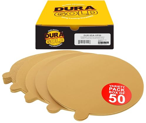 Dura-Gold Premium 80, 150, 220, 320, 400 Grit 6 Gold PSA Sanding Discs, 10 Each, 50 Total - Self Adhesive Stickyback Sandpaper Discs for DA Sander, Sand Automotive Car Paint, Woodworking Wood, Metal