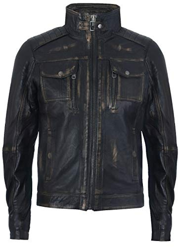 Herr racer vintage 100 % läder retro motorcykeljacka sliten motorcykel, Svart, XXL